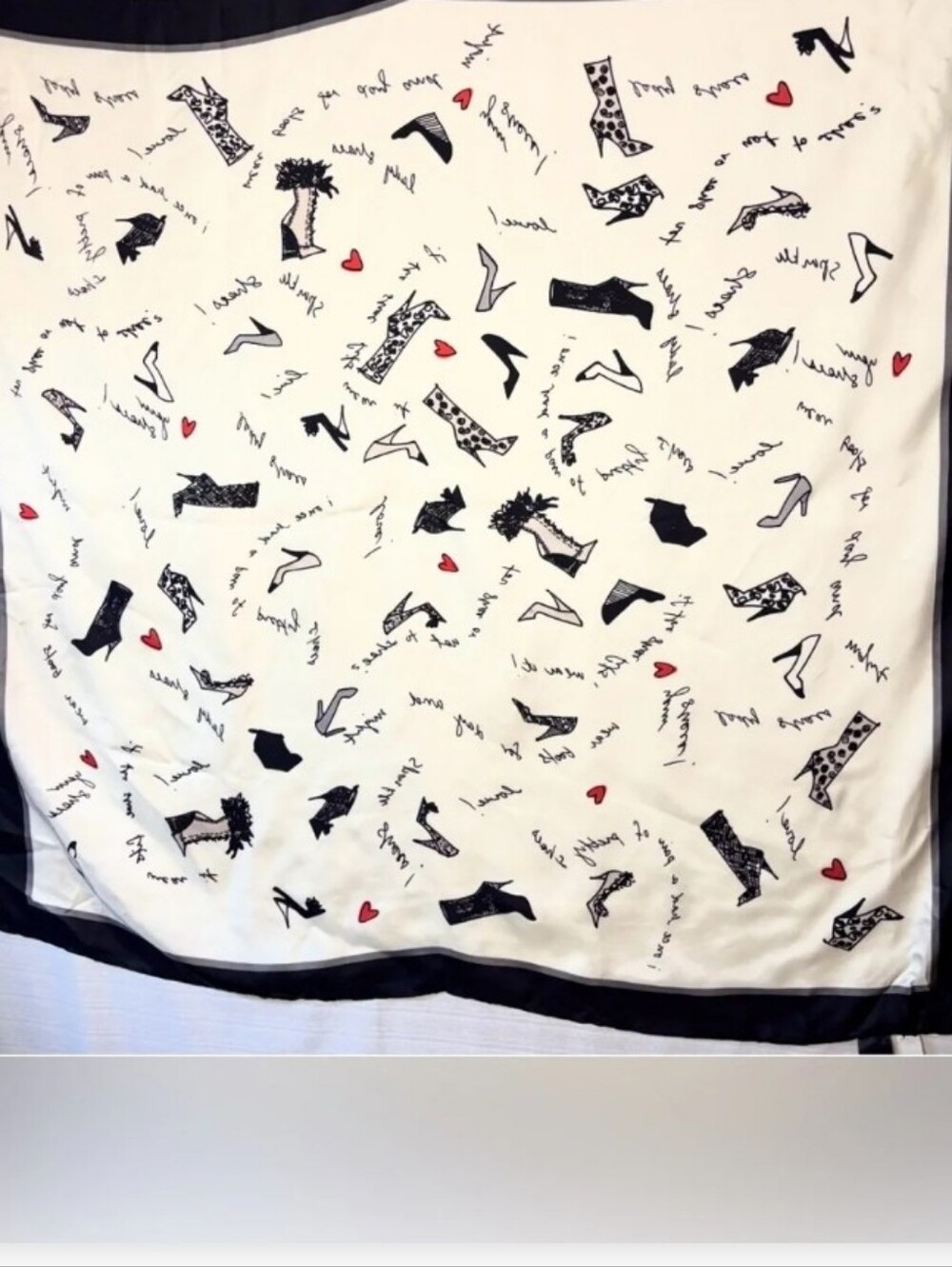 Ann Taylor White 100% Silk Scarf with Black Shoe Motif and Red Hearts. NWT